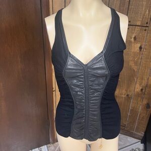 Roberto Cavalli Black Leather Front Tshirt, Sz.S, New No Tags